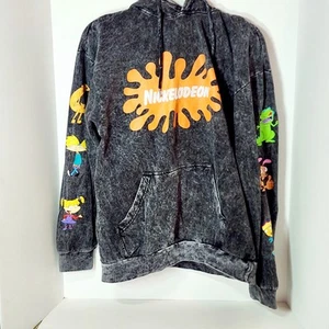 Nickelodeon Pullover Hoodie Mens Medium Black Acid Washed 90s Characters  - Picture 1 of 5