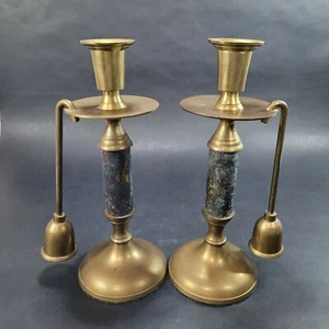 Vinage Gato Solid Brass Candle Sticks with Hanging Snuffer Pair Candle Holders - Picture 1 of 9