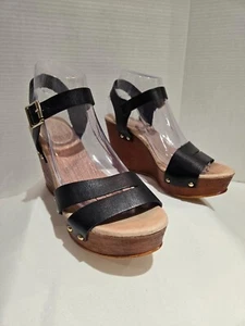 ALDO Women's Sz 8.5 Open Toe Platform Wedge Heel Black Leather Straps Pre-owned - Picture 1 of 14