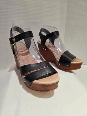 ALDO Mujer Talla 8.5 Punta Abierta Plataforma Tacón de Cuña Correas de Cuero Negro Usado Foto 1 de 4