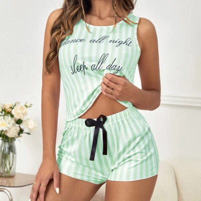 Conjunto de pijama a rayas de verano para mujer estampado parte superior e inferior pantalones cortos ropa para dormir pijama ropa de dormir Foto 1 de 4