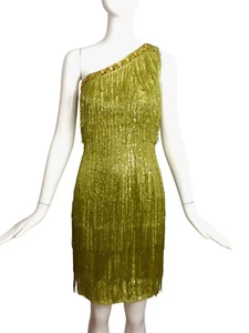 MANDALAY-NWT Green Beaded Fringe Cocktail Dress, Size 6 - Picture 1 of 6
