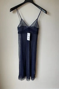 ZARA SHEER SLIP DRESS Navy Blue Spotty Midi See Through S / UK 10 ❤️ BNWT - Picture 1 of 9