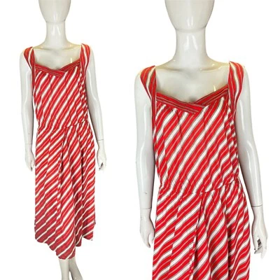 Vestido Vintage Años 80 12-14 Rojo Blanco Rayas Jersey Tela Cintura Elástica Midi Día Foto 1 de 4