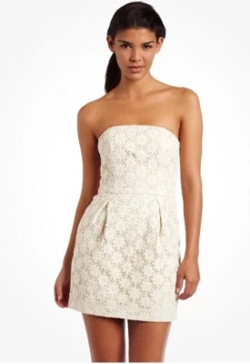 French Connection Off-white Strapless  Lace/embroidered Crochet Floral Dress 12 - image 1 of 4