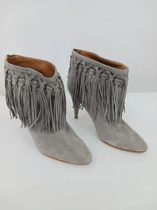 Nine West Women Boot 8.5 Gray Bootie Leather Suede Fringe Cone Heel High - Picture 1 of 11