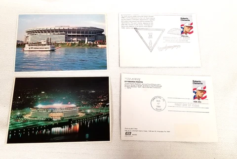 4 ROBERTO CLEMENTE Stamped First Day Issues ~ THREE RIVERS Stadium POSTCARDS Cover