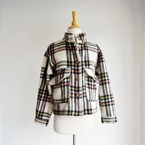 BAGATELLE Cream Plaid Fleece Cropped Jacket Size Medium - Picture 1 of 5