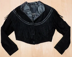 100% Black Suede Leather Women’s SMALL Biker Crop Fringe Jacket ~ SHARP! - Picture 1 of 10