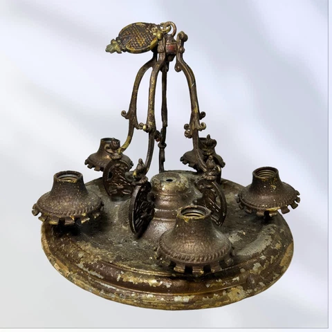 Art Deco Medieval Gothic Brass 5 Light Flush Mount Light Fixture 15” Cover
