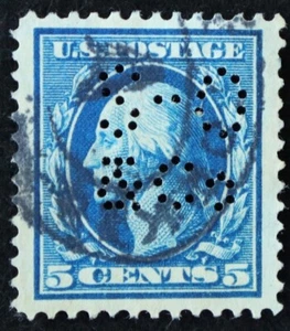 U.S. Used Stamp Scott #378 5c Washington. XF - Superb Jumbo. Perfin Cancel. Gem! - Picture 1 of 2