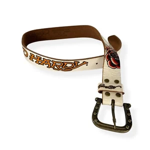 Ed Hardy Unisex Leather White Belt Dragon Roses Size Small Y2K Skater Hip Hop - Picture 1 of 9