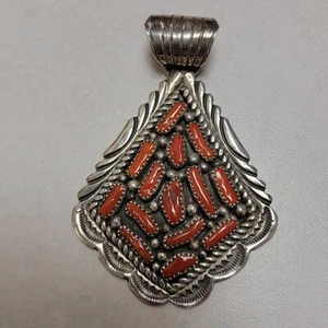 Vintage Navajo 2x3" Red Coral Lapis Sterling Silver Statement Pendent - Picture 1 of 8