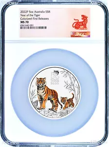 2022P Australia Silver Colorized Lunar Year of the Tiger 5oz $8 Coin NGC MS70 FR - Picture 1 of 2