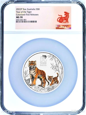 2022P Australia Silver Colorized Lunar Year of the Tiger 5oz $8 Coin NGC MS70 FR - Image 1 of 2