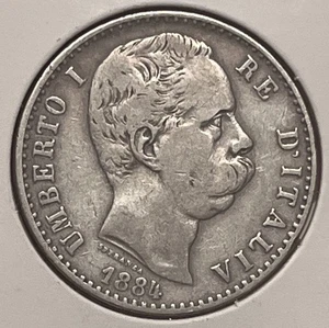 1884 Italy 2 Lire Silver World Coin, Umberto I, Italian Kingdom AU Silver Coin - Picture 1 of 2