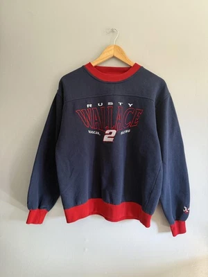 Moletom Rusty Wallace masculino médio azul vermelho NASCAR Racing gola redonda pulôver - Imagem 1 de 4