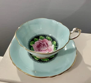 Paragon Large Floating Pink Rose Aqua Color Cup & Saucer - Picture 1 of 13