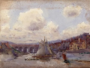Pintura acuarela Alfred Crowdy Lovett (1862-1919) - Barcos en escena portuaria - Imagen 1 de 3