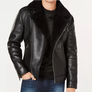 Guess NWT Asymmetrical Faux Shearling Leather Moto Jacket Black XL - Picture 1 of 4