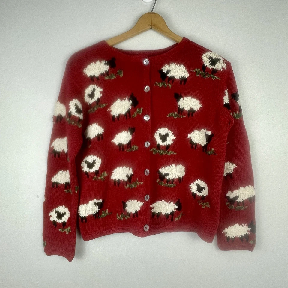 VTG Talbots Sheep Cardigan Hand Knit Small Novelty Red AOP Cottagecore 90's - Image 1 of 4
