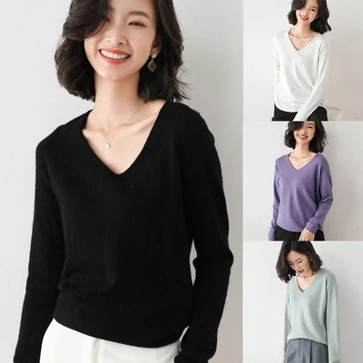 Suéter Invierno Para Mujer Ajustado Tejido Cuello en V Lana Cachemira Jersey Suave Foto 1 de 4