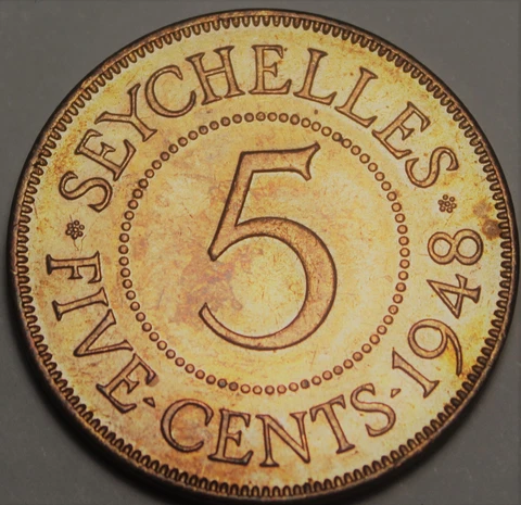 Seychelles 5 Cents, 1948 Gem Unc~RARE 300,000 Minted~1st Year Ever~Free Shipping Cover