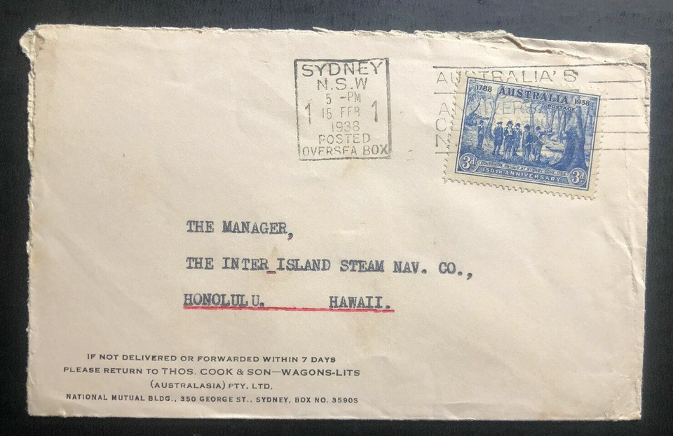 1938 Sydney Australia Slogan Cancel Cover To Honolulu Hawaii - Image 1 of 2
