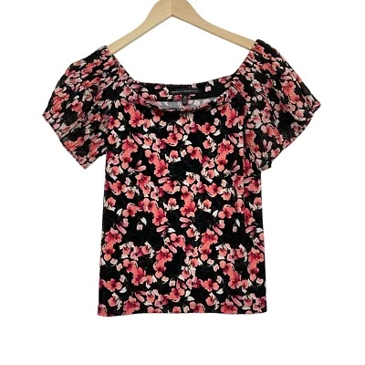 Blusa WHBM Floral Fuera del Hombro Negra Rosa Manga Corta Talla XS Foto 1 de 4