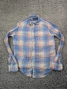 Polo Ralph Lauren Shirt Youth Medium Blue Plaid Linen Slim Fit Preppy Button Up - Picture 1 of 6