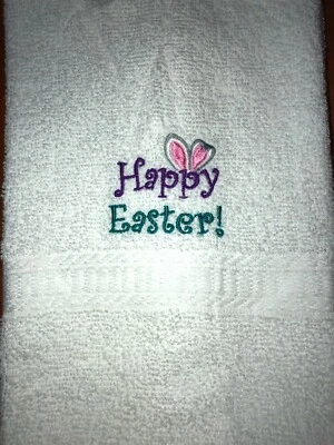Toalla de mano de baño blanca bordada FELIZ PASCUA con orejas de conejo HS2123 Foto 1 de 3