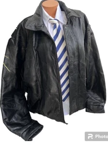 Vtg Giovanni Navarre Black Heavy Leather Patch Jacket Italian 80's Retro Sz 2XL - Picture 1 of 21