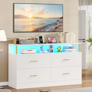 White Dresser for Bedroom with Charging Station, Chests of Drawers&Column Design - Picture 1 of 7