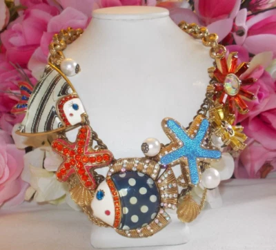 BETSEY JOHNSON'S VINTAGE MERMAID'S TALE CHUNKY MULTLCHARM STATEMENT NECKLACE - Image 1 of 4