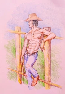 Original Pencil Drawing Cowboy Drawing Mid Century Decor Western Lifestyles - Picture 1 of 4