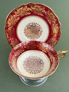 Paragon Termin A531 Gold Filigran Blume Double Warrant Burgund Tasse Untertasse - Bild 1 von 11