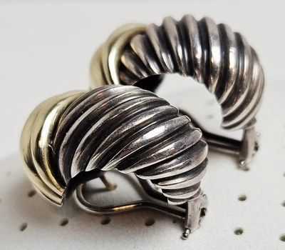 VTG David Yurman Sculpted Thoroughbred Cable Shrimp 925 14k Earrings  17.4g - Image 1 of 4