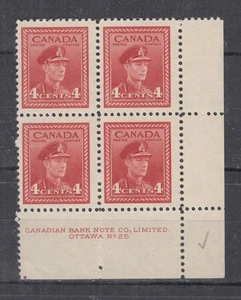 1942 #254 4¢ KING GEORGE VI WAR ISSUE LOWER RIGHT PLATE BLOCK #25 F-VF SCARCE - Picture 1 of 2