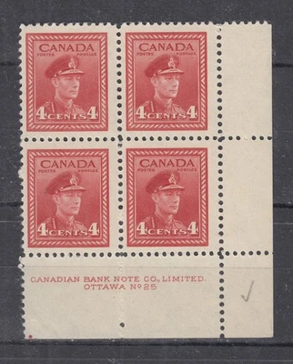 1942 #254 4¢ KING GEORGE VI WAR ISSUE LOWER RIGHT PLATE BLOCK #25 F-VF SCARCE - Image 1 of 2