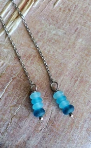 Artisan Earrings Threader Ocean Beach Blue Dainty 4" Long - Picture 1 of 4