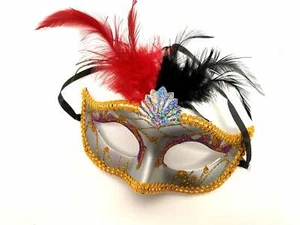 Silver Masquerade Mask with black & red feathers - New - Picture 1 of 1