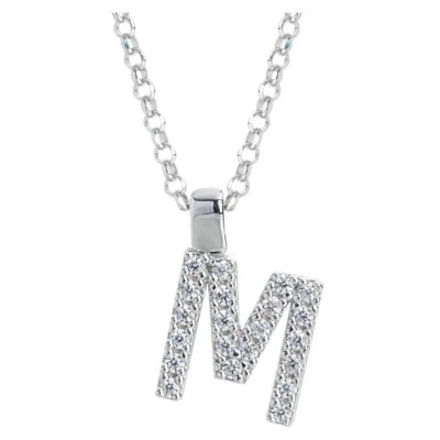 collana ciondolo argento rodiato 925 zirconi lettera M iniziale nome artlinea - Immagine 1 di 2