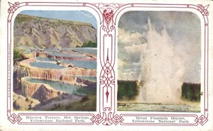 Postal de Yellowstone Minerva Terrace Hot Springs & Great Fountain Geyser 1909 - Imagen 1 de 2