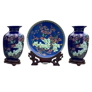 Blue Porcelain 2 Vases & Plate Set with Resin Stands – Birds & Floral Design - Picture 1 of 8