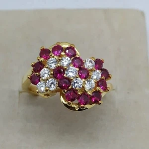 3Ct Round Cut Simulated Red Ruby Cluster Engagement Ring 14K Yellow Gold Plated - Picture 1 of 8