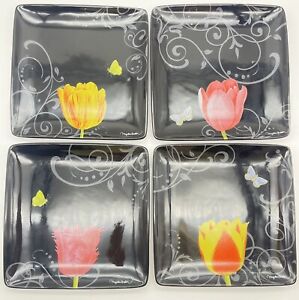 4 Marjolein Bastin DEMDACO Square Tulip Dessert Plates Black Nature's Journey