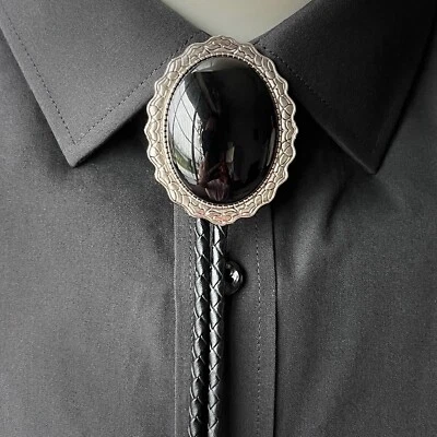 Collar de boda vaquero occidental cuerda de cuero de aleación de ónix negro natural Bolo Foto 1 de 4