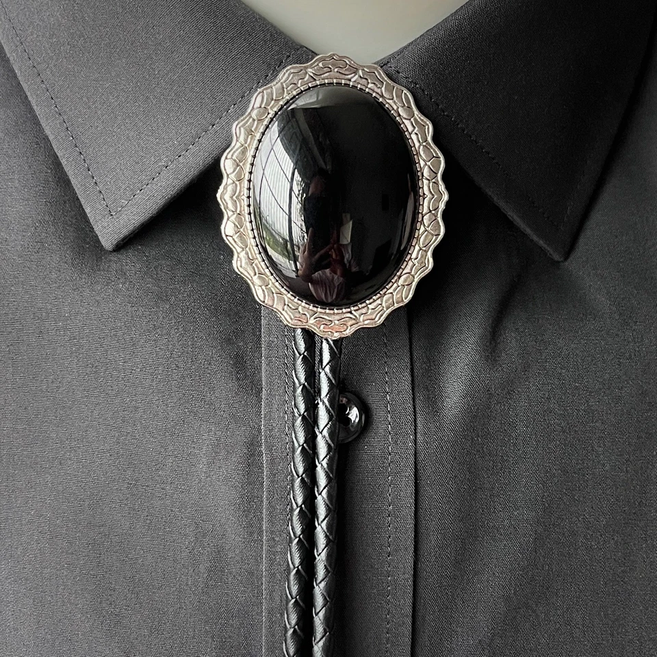 Natural Black Onyx Bolo Tie Alloy Leather Rope Western Cowboy Wedding Necklace - Image 1 of 1