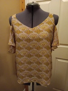 Adrienne Vittadini Cold Shoulder Floral Blouse Gold Brown Cream - Picture 1 of 9