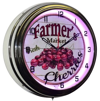 16" Farmer's Market Fresh Cherries Neon Clock Home Kitchen Diner Decor (Purple) - Image 1 of 4